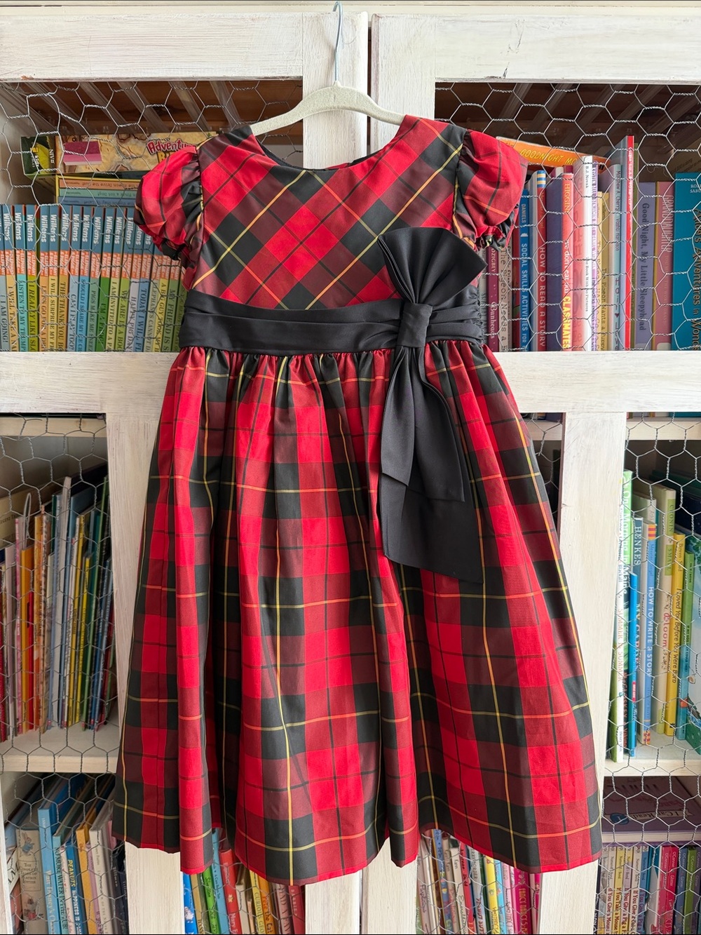 Ralph Lauren Red and Black Plaid Bow-Accent Girls Formal Dress